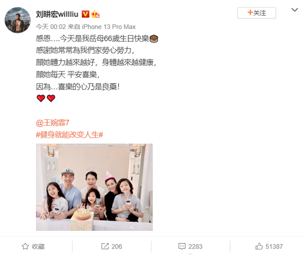 刘畊宏晒全家福为岳母庆66岁生日 网友点赞：健身操火爆全网 抖音粉丝超4千万