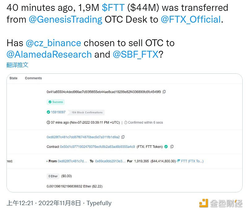链上分析师：40分钟前有190万枚FTT从Genesis OTC Desk转至FTX，价值约4400万美元-第1张图片-欧意下载