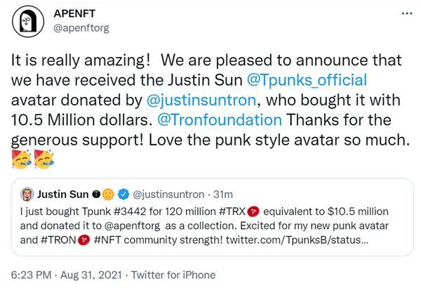 1050万美元天价买下Justin sun Tpunks 孙宇晨又在“憋大招”？-第1张图片-欧意下载