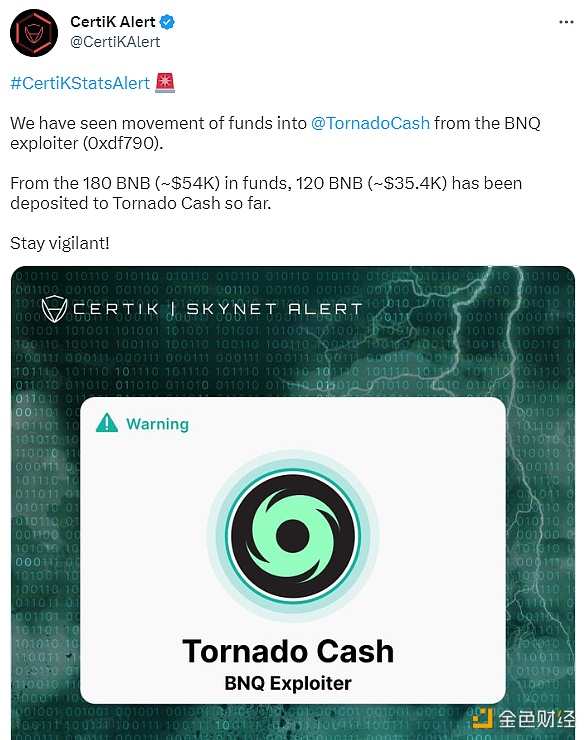 BNQ攻击事件中的黑地址(0xdf790)已将资金转至Tornado Cash-第1张图片-欧意下载